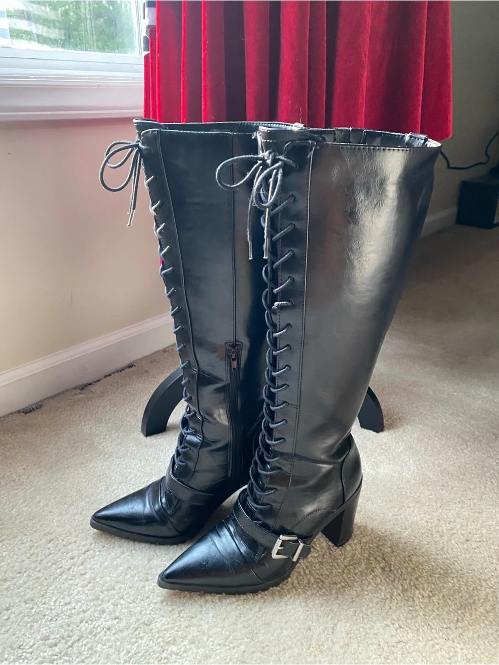 Black Lace-Up Knee-High Pointed Toe Boots
